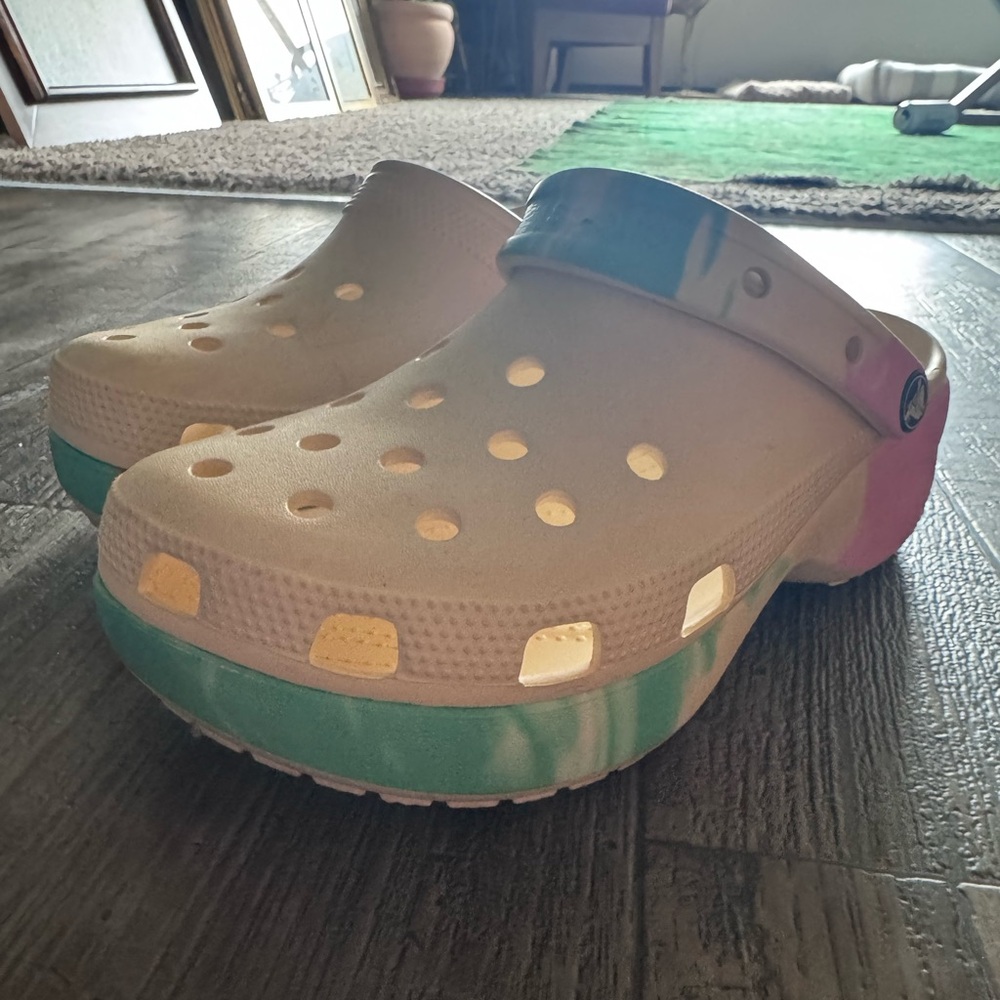 Tie dyed Crocs Clogs - Cream with Pink and Green - Picture 2 of 5